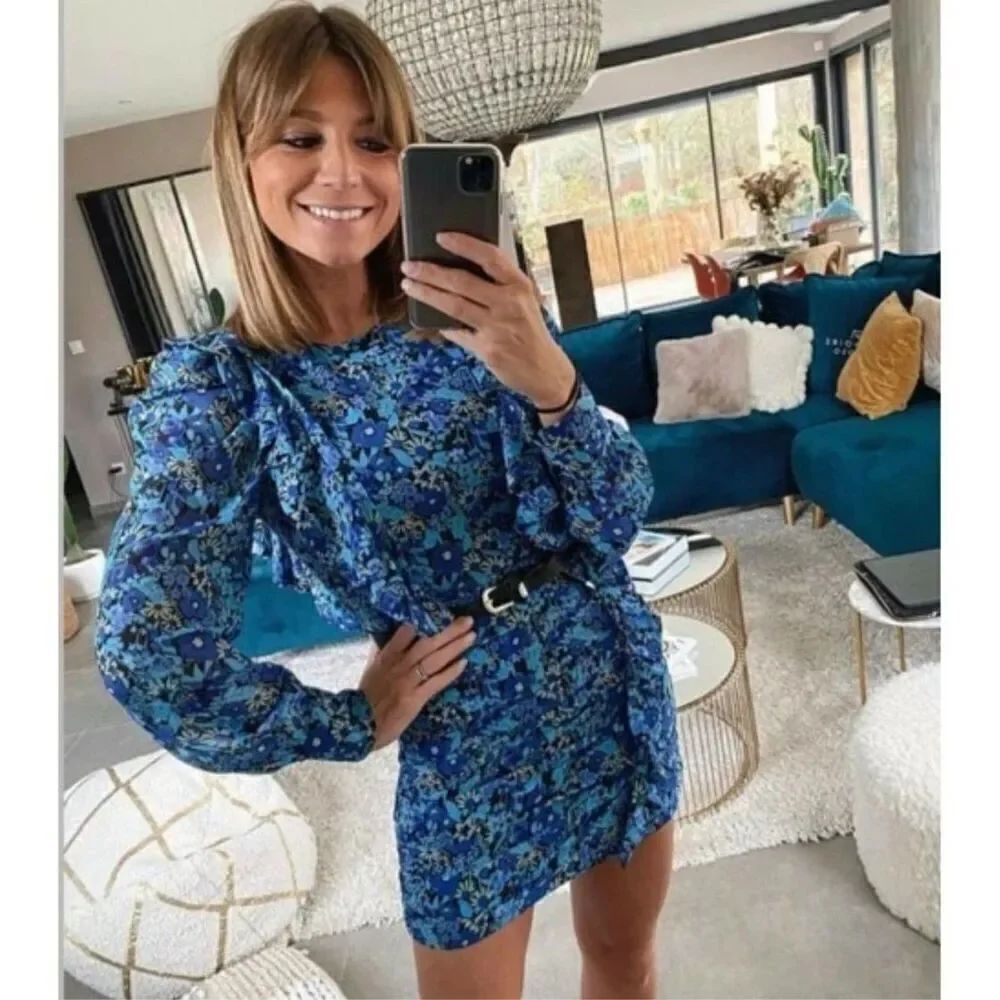 🦋 ZARA Blogger Favorite Draped Romantic Ruffle Ruching Keyhole Floral Mini Dress - Picture 6 of 15